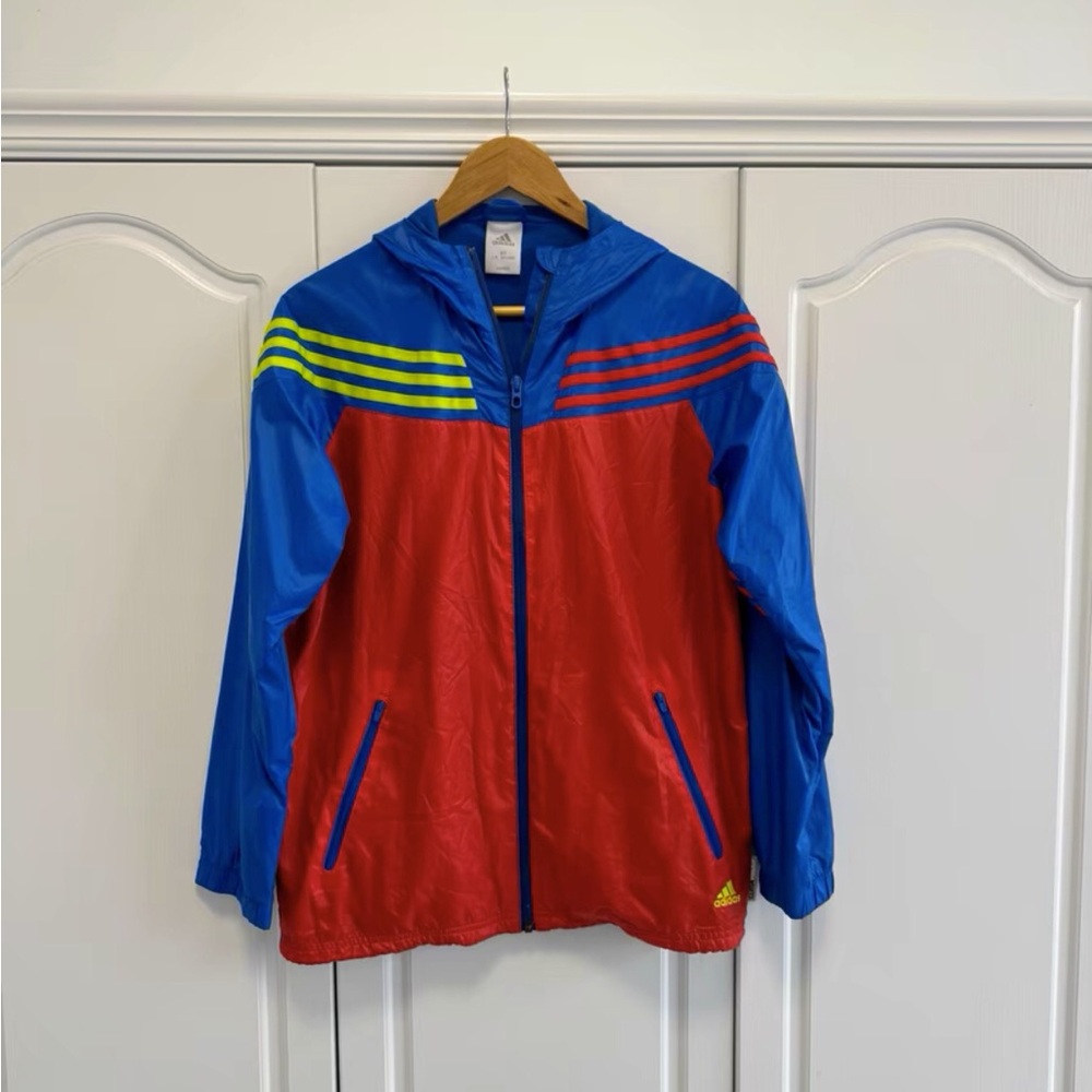 Adidas Blue and Red Jacket with Yellow Stripes